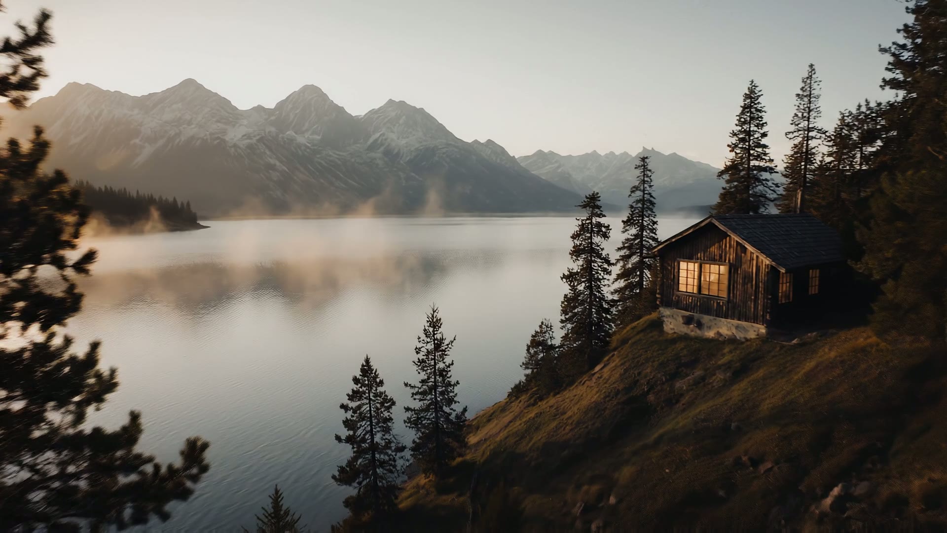 A cabin above a misty alpine lake at sunrise